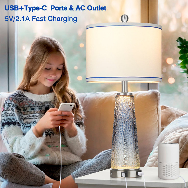 Gradient Blue Glass Table Lamp Set with USB Ports