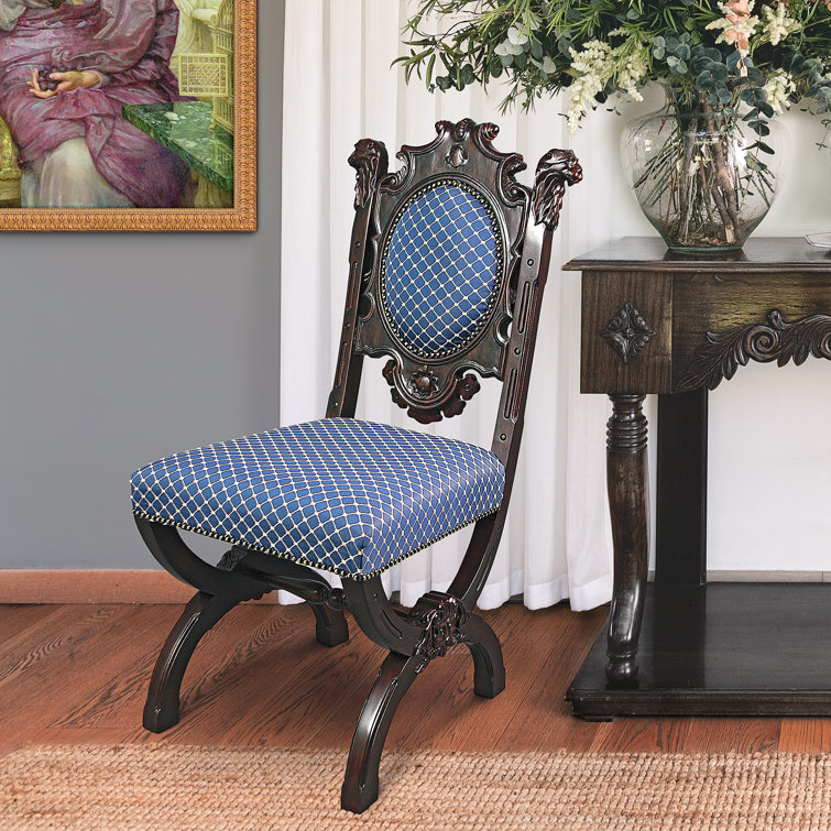 Sir Raleigh Hand-Carved Ivory Leather Side Chair with Walnut Finish