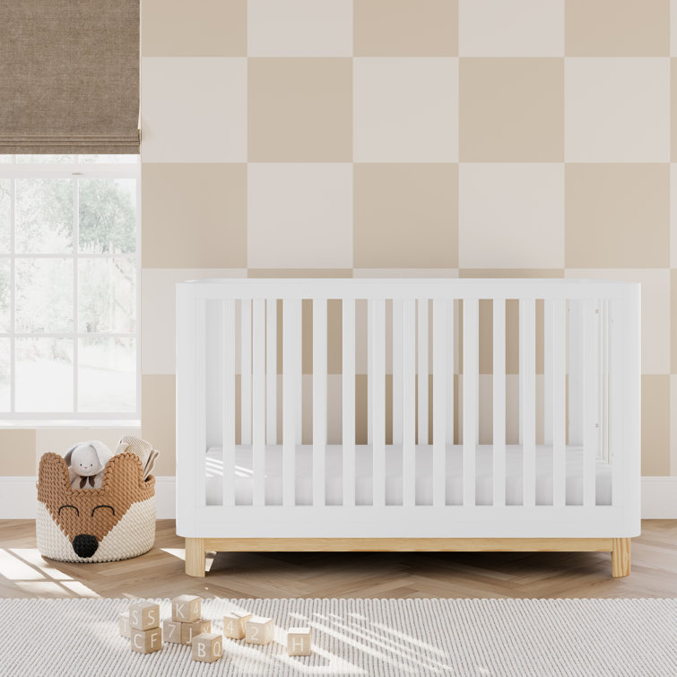White and Natural 3-in-1 Convertible Crib with Rounded Posts