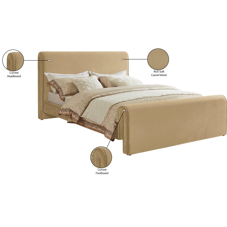 Camel Velvet Upholstered Queen Bed with Headboard
