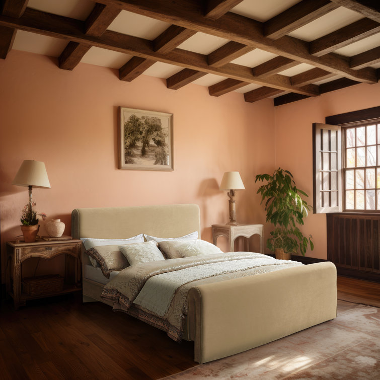 Camel Velvet Upholstered Queen Bed with Headboard