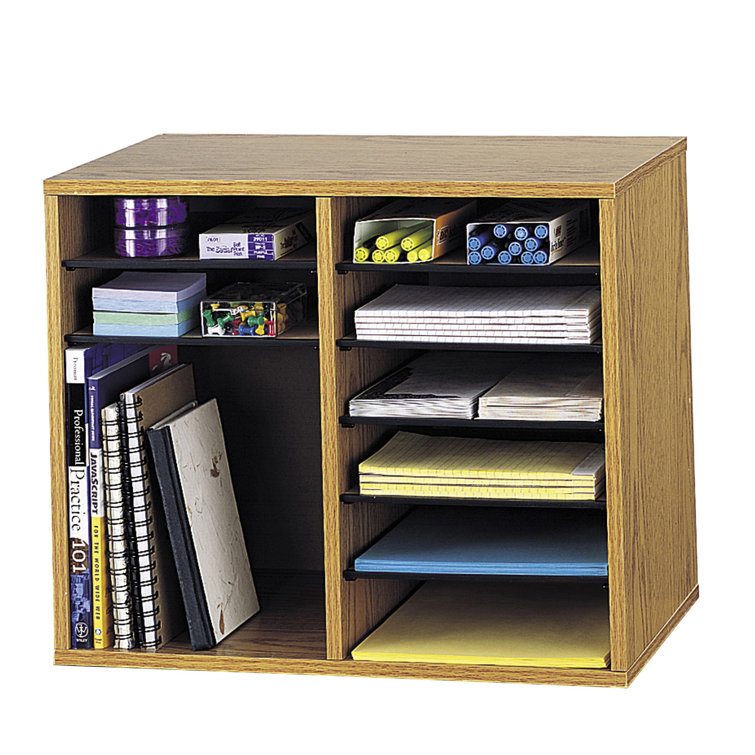 Medium Oak Adjustable Wood Literature Organizer with 12 Compartments