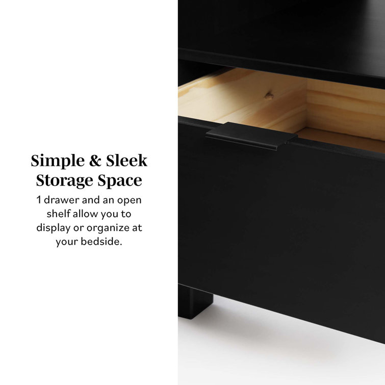 Curved-Top Solid Pine 1-Drawer Nightstand in Black