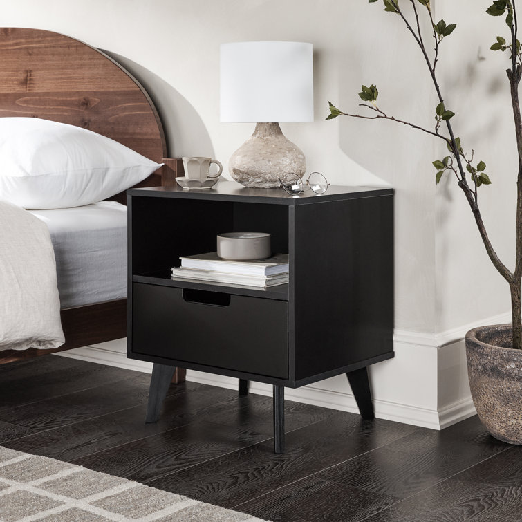 Black MDF 1-Drawer Nightstand with Open Cubby