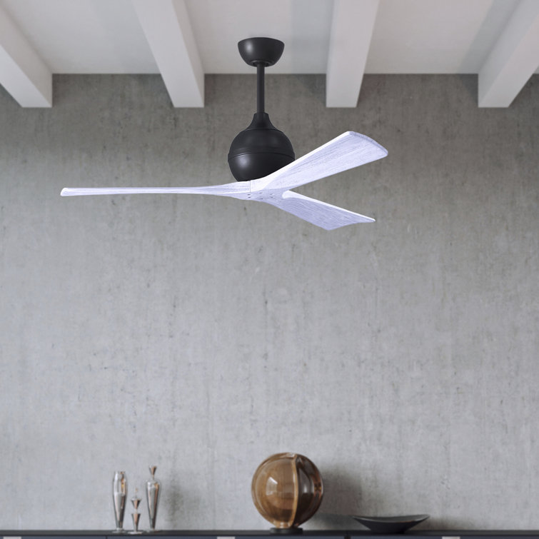 52-Inch Matte Black and White Solid Wood 3-Blade Ceiling Fan with Remote