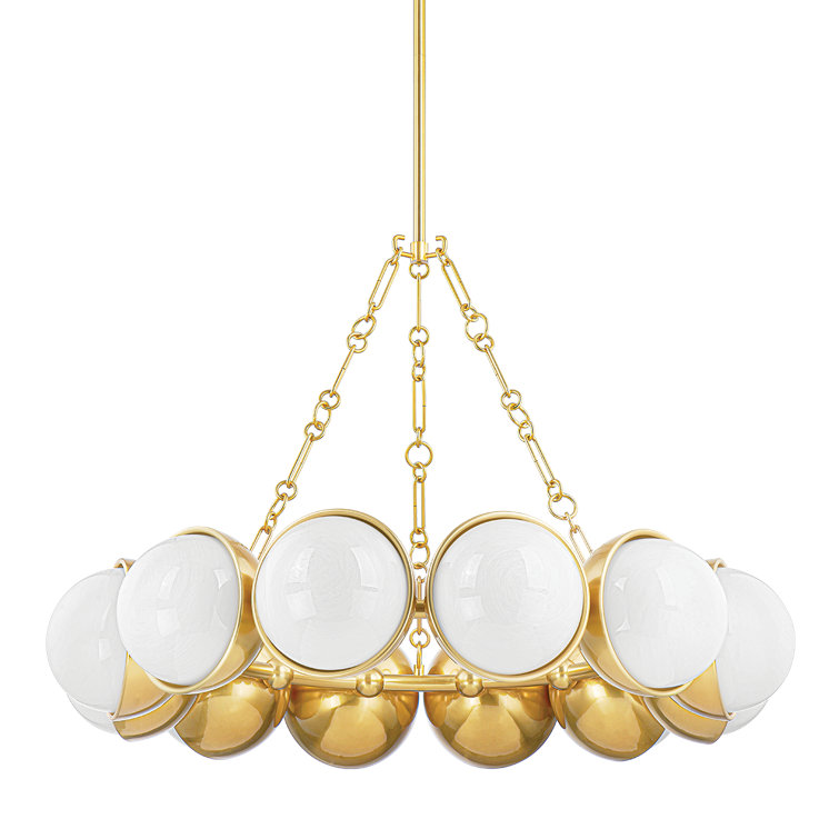Vintage Brass and Cloud Glass 12-Light Drum Chandelier