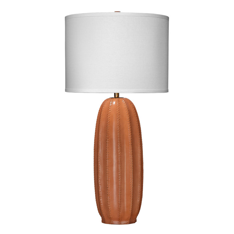 Tan Leather Table Lamp with White Linen Shade
