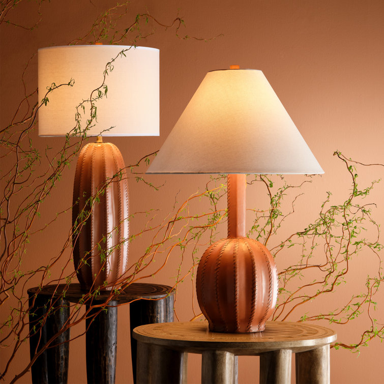 Tan Leather Table Lamp with White Linen Shade