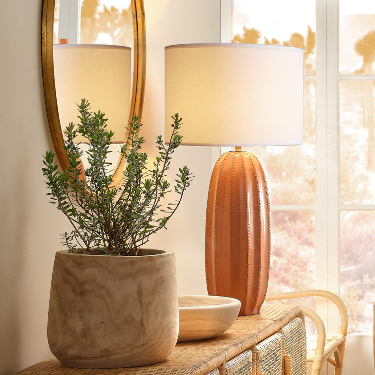 Tan Leather Table Lamp with White Linen Shade