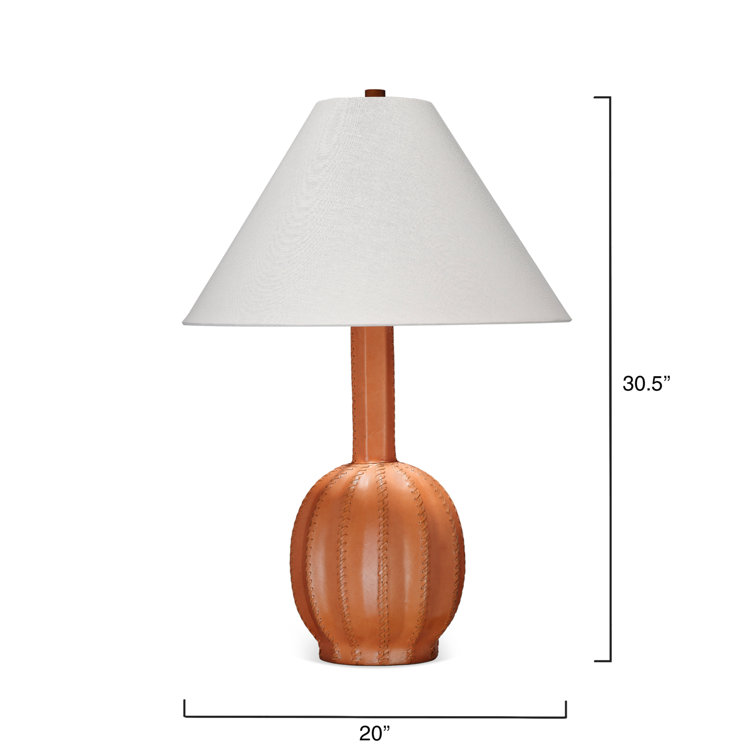Tan Leather Table Lamp with White Linen Shade