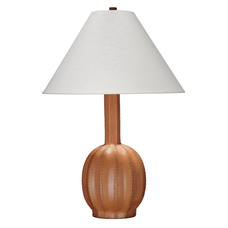 Tan Leather Table Lamp with White Linen Shade