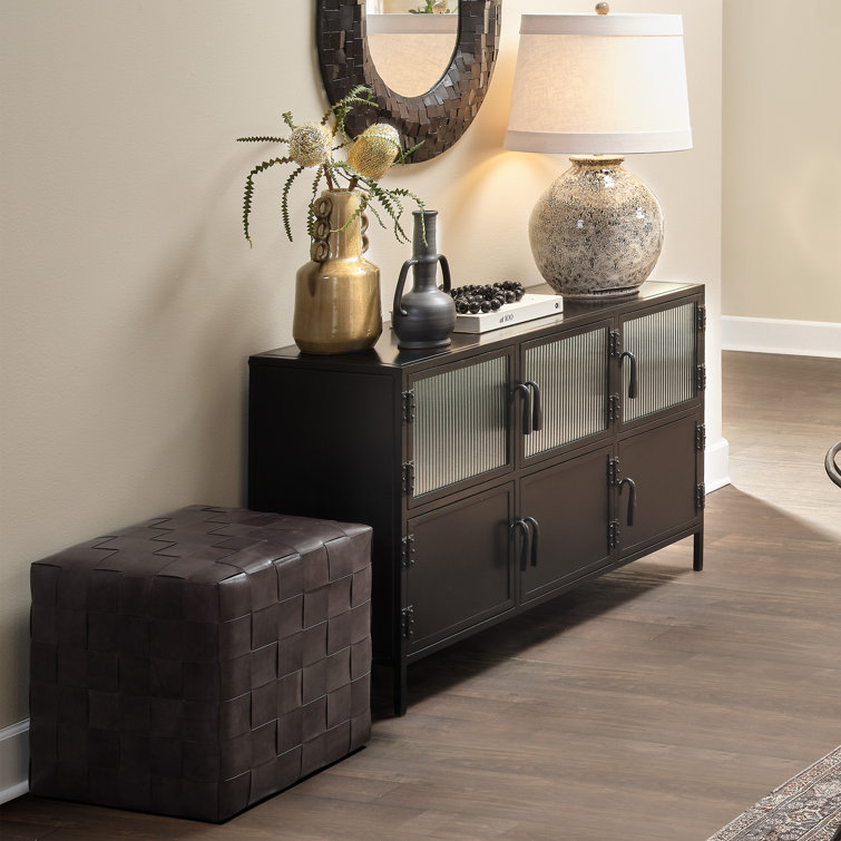 Dark Gray Woven Leather Square Ottoman with Metal Feet