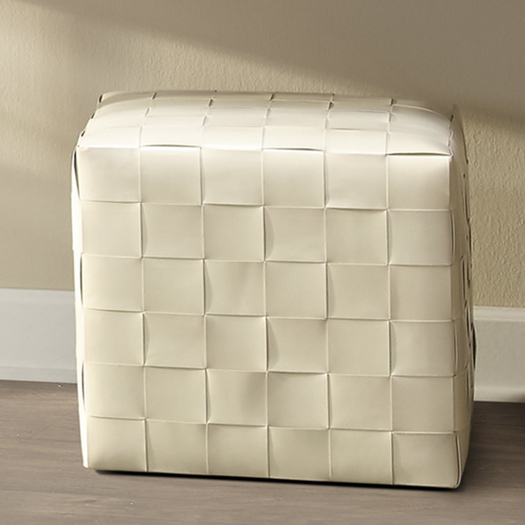 Cream Woven Leather Square Ottoman with Metal Feet