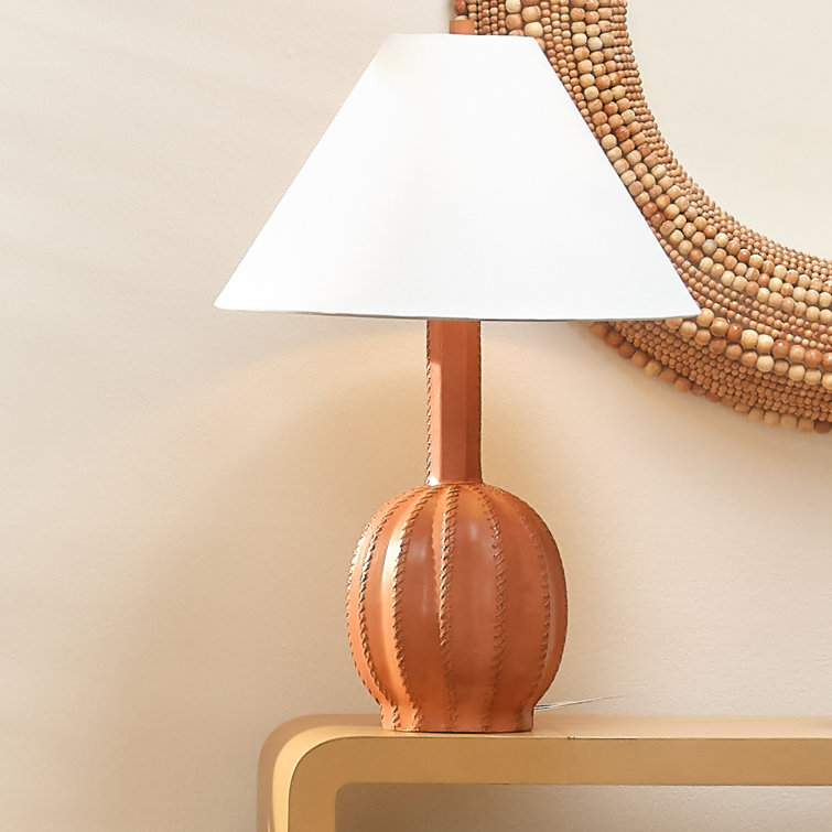 Tan Leather Table Lamp with White Linen Shade