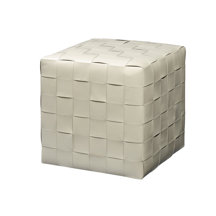 Cream Woven Leather Square Ottoman with Metal Feet