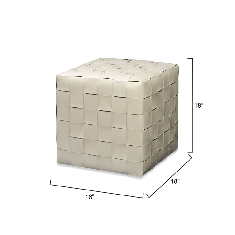 Cream Woven Leather Square Ottoman with Metal Feet
