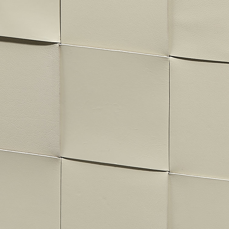 Cream Woven Leather Square Ottoman with Metal Feet