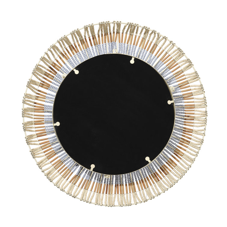 Natural Blue Hand-Carved Beaded Round Wall Mirror