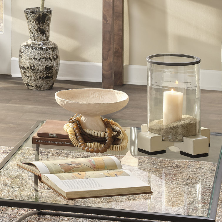 Brass and Leather Hurricane Candle Holder with Hand Blown Glass