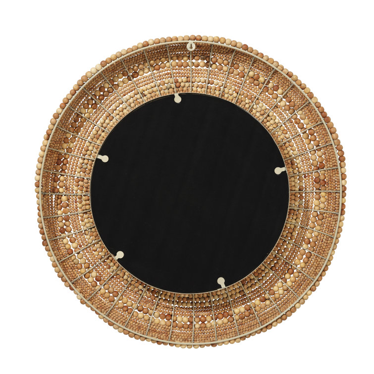 Natural Wood Beaded Round Wall Mirror