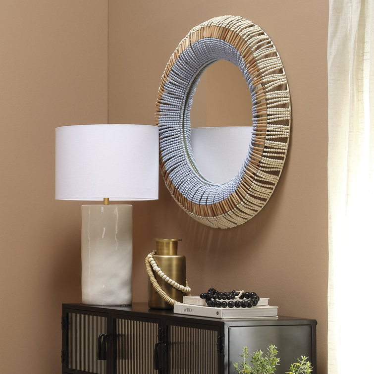 Natural Blue Hand-Carved Beaded Round Wall Mirror