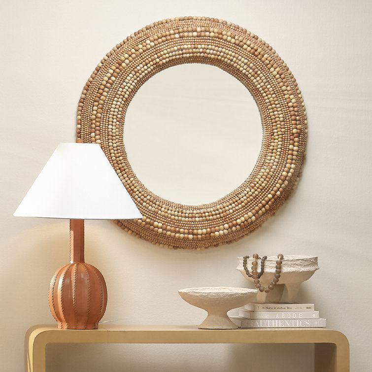 Natural Wood Beaded Round Wall Mirror
