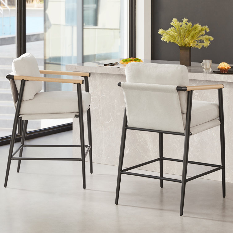 Beige Upholstered Counter Stools with Metal Frame and Wooden Armrests