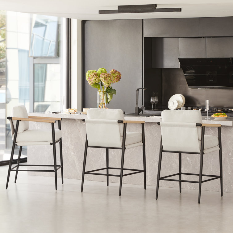 Beige Upholstered Counter Stools with Metal Frame and Wooden Armrests