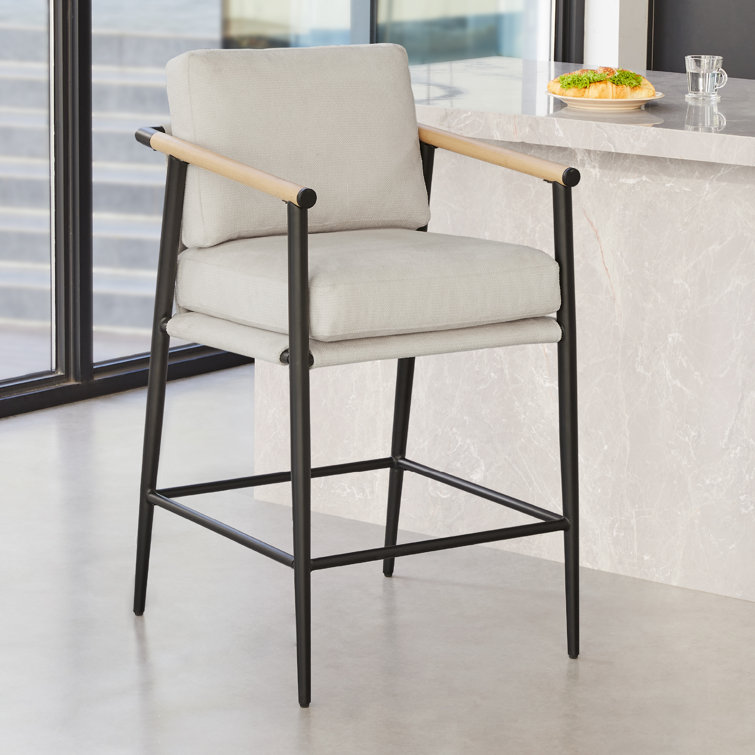 Beige Upholstered Counter Stools with Metal Frame and Wooden Armrests