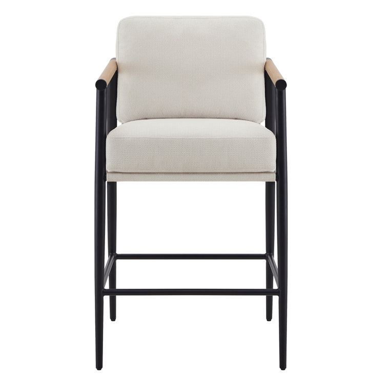 Beige Upholstered Counter Stools with Metal Frame and Wooden Armrests