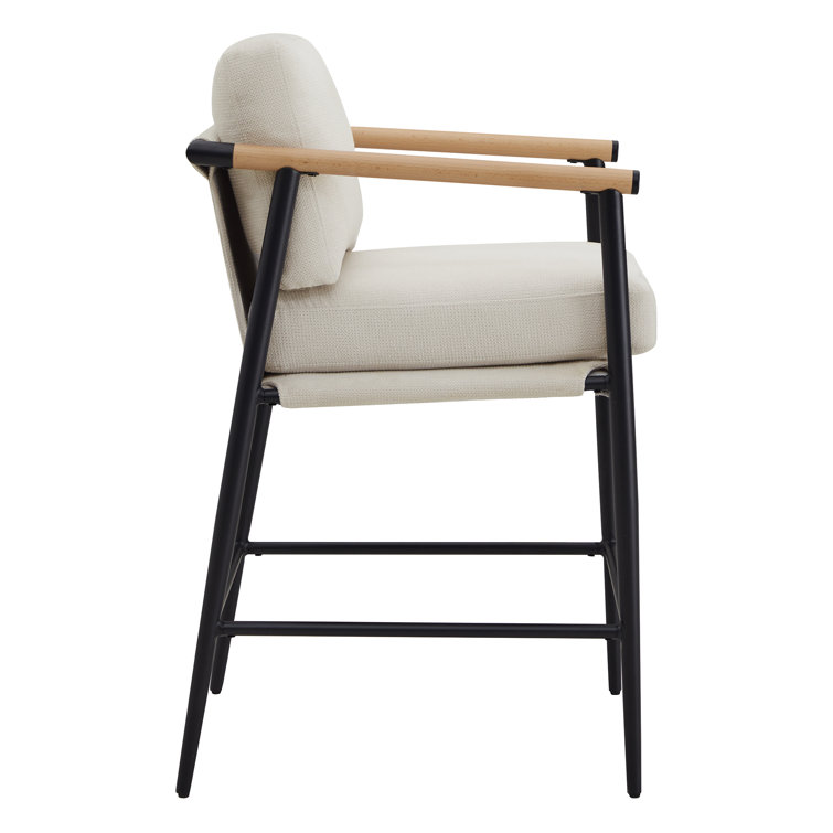 Beige Upholstered Counter Stools with Metal Frame and Wooden Armrests