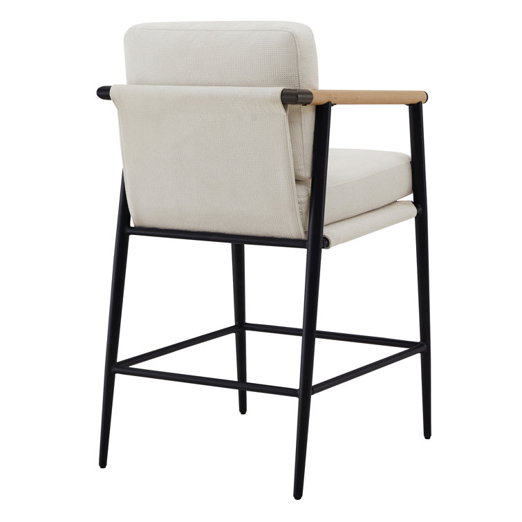 Beige Upholstered Counter Stools with Metal Frame and Wooden Armrests