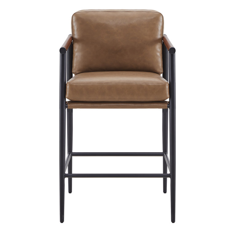 Saddle Brown Faux Leather and Metal Counter Stools, Set of 2