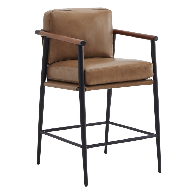 Saddle Brown Faux Leather and Metal Counter Stools, Set of 2