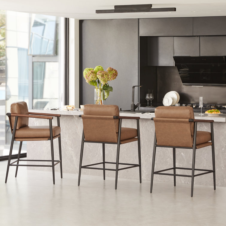 Saddle Brown Faux Leather and Metal Counter Stools, Set of 2