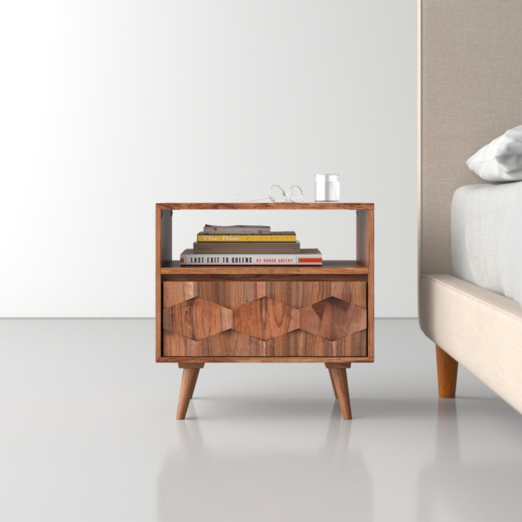 Mid-Century Sheesham Wood 22" Brown Nightstand with Drawer