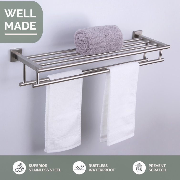 Brushed Nickel Wall Mounted Double Towel Rack with Shelf
