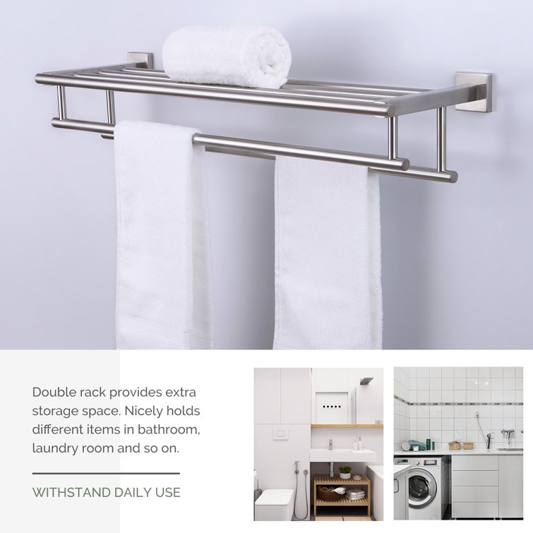 Brushed Nickel Wall Mounted Double Towel Rack with Shelf