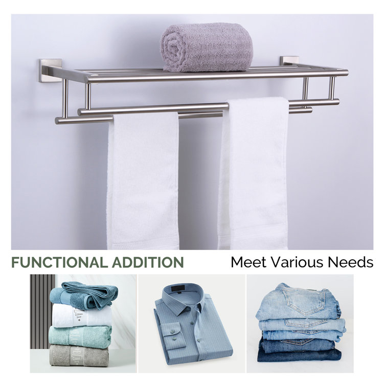 Brushed Nickel Wall Mounted Double Towel Rack with Shelf