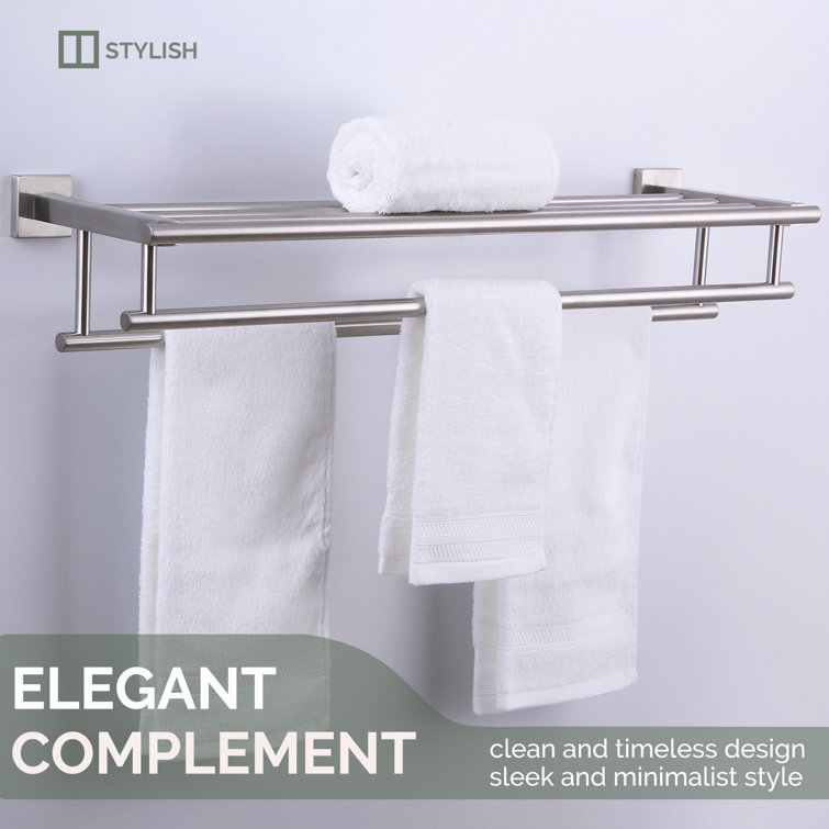 Brushed Nickel Wall Mounted Double Towel Rack with Shelf