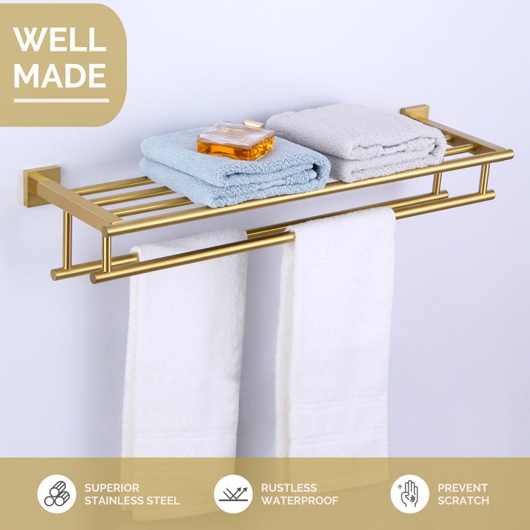 Brushed Gold Wall Mounted Double Towel Rack with Shelf