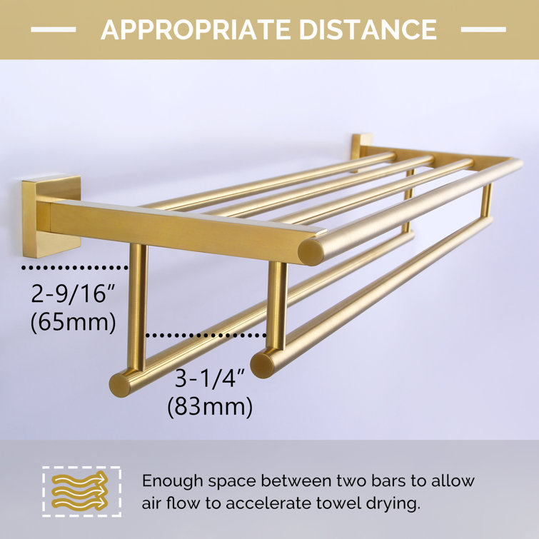 Brushed Gold Wall Mounted Double Towel Rack with Shelf