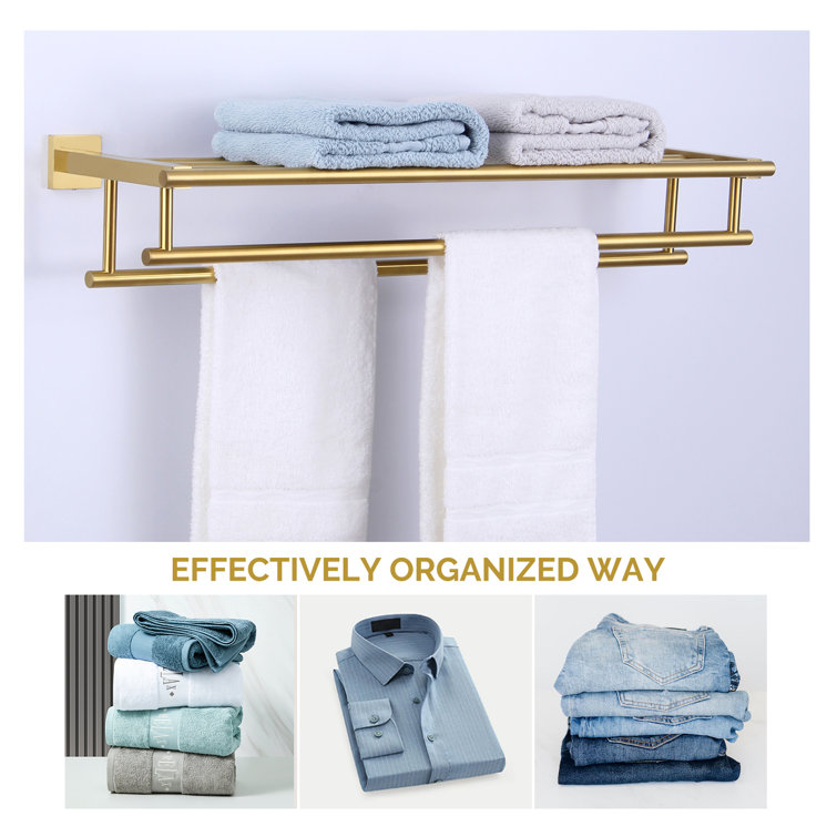 Brushed Gold Wall Mounted Double Towel Rack with Shelf
