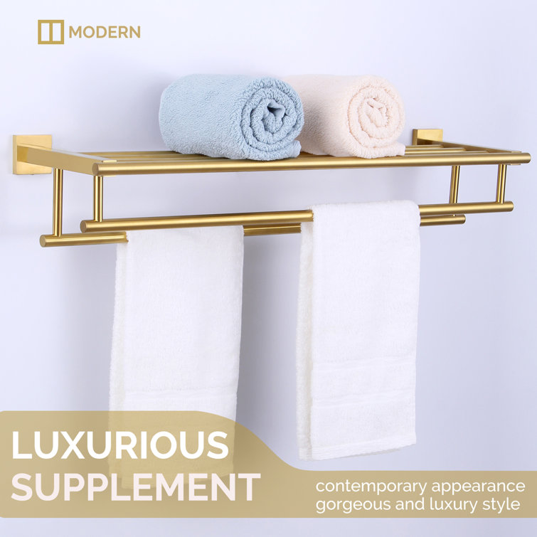 Brushed Gold Wall Mounted Double Towel Rack with Shelf