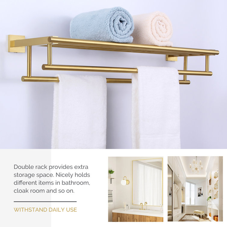 Brushed Gold Wall Mounted Double Towel Rack with Shelf