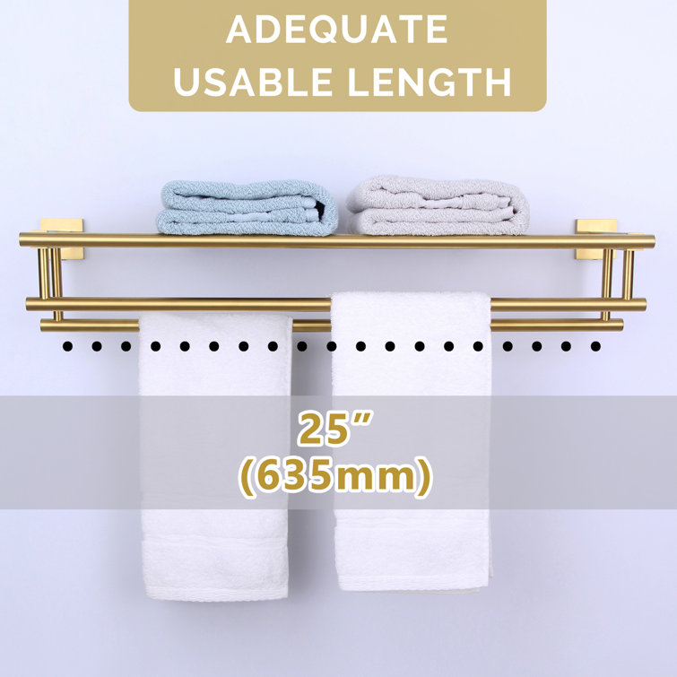 Brushed Gold Wall Mounted Double Towel Rack with Shelf