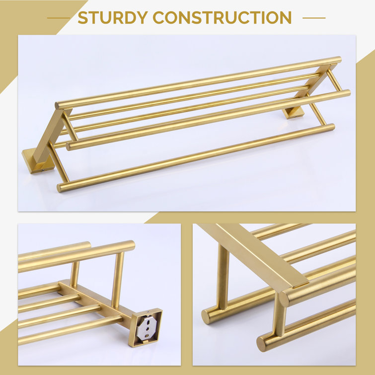 Brushed Gold Wall Mounted Double Towel Rack with Shelf
