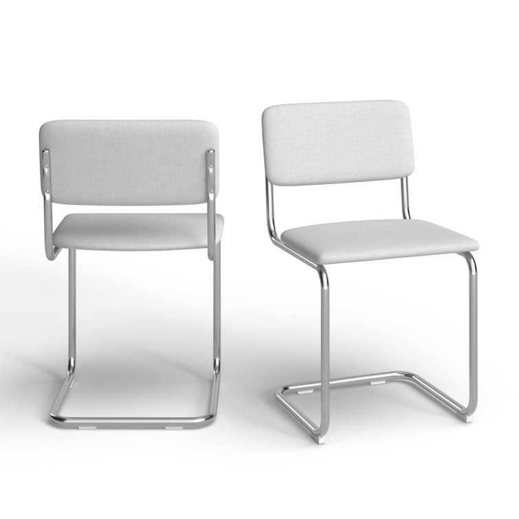 White Linen Upholstered Metal Frame Dining Chairs, Set of 2