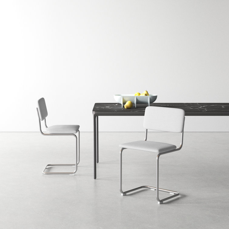 White Linen Upholstered Metal Frame Dining Chairs, Set of 2