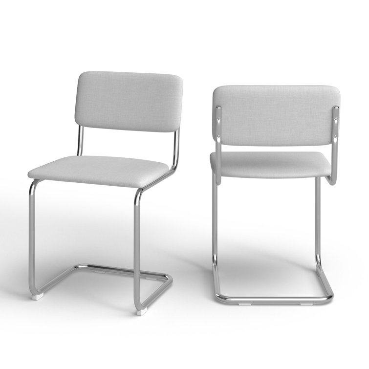 White Linen Upholstered Metal Frame Dining Chairs, Set of 2